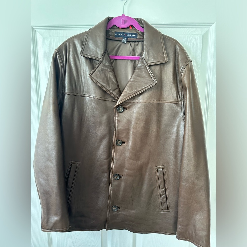 Tommy Hilfiger Genuine Brown Leather Jacket Coat Men’s Medium